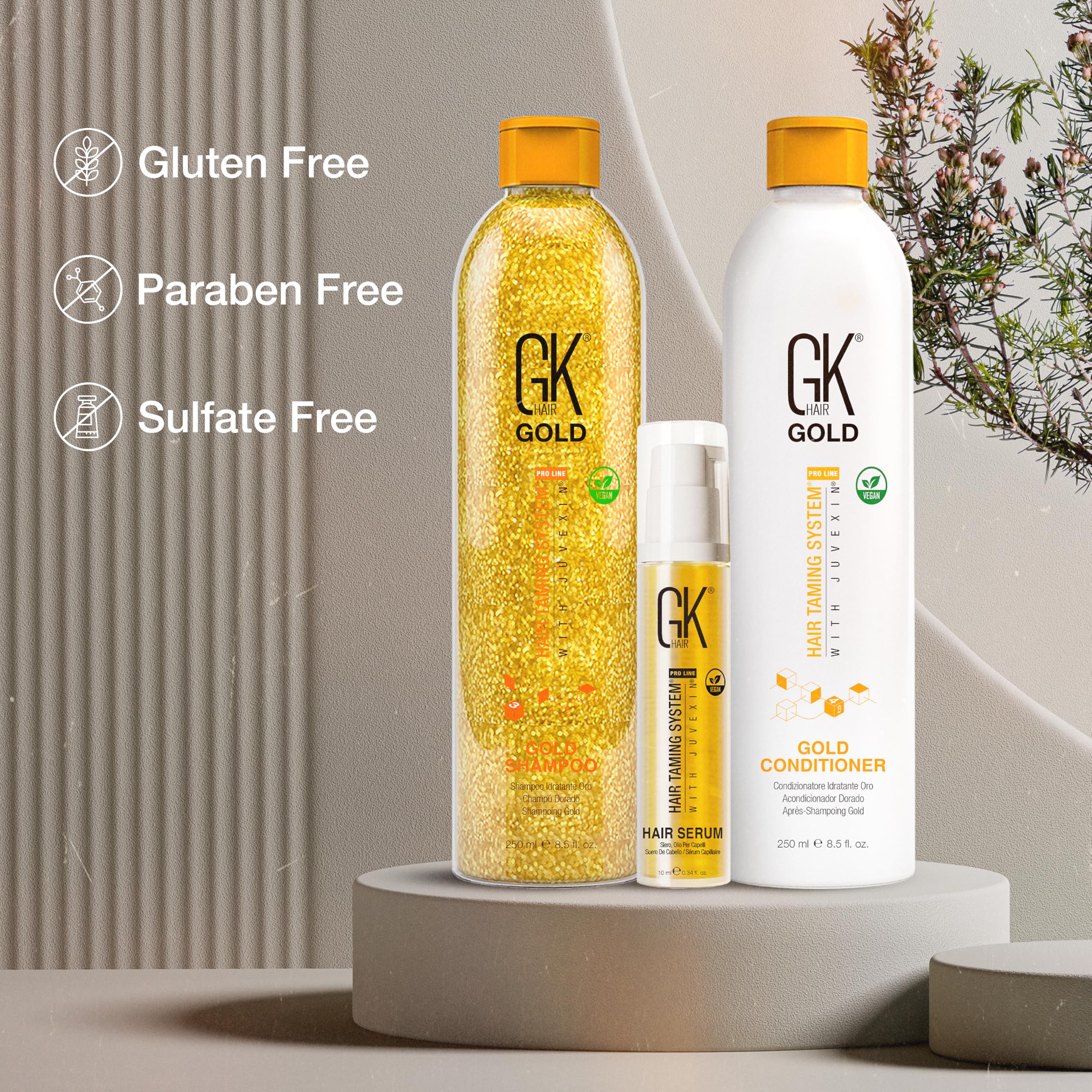 GK Hair Gold Daily care routine setup demonstrates simple, sustainable hair care.