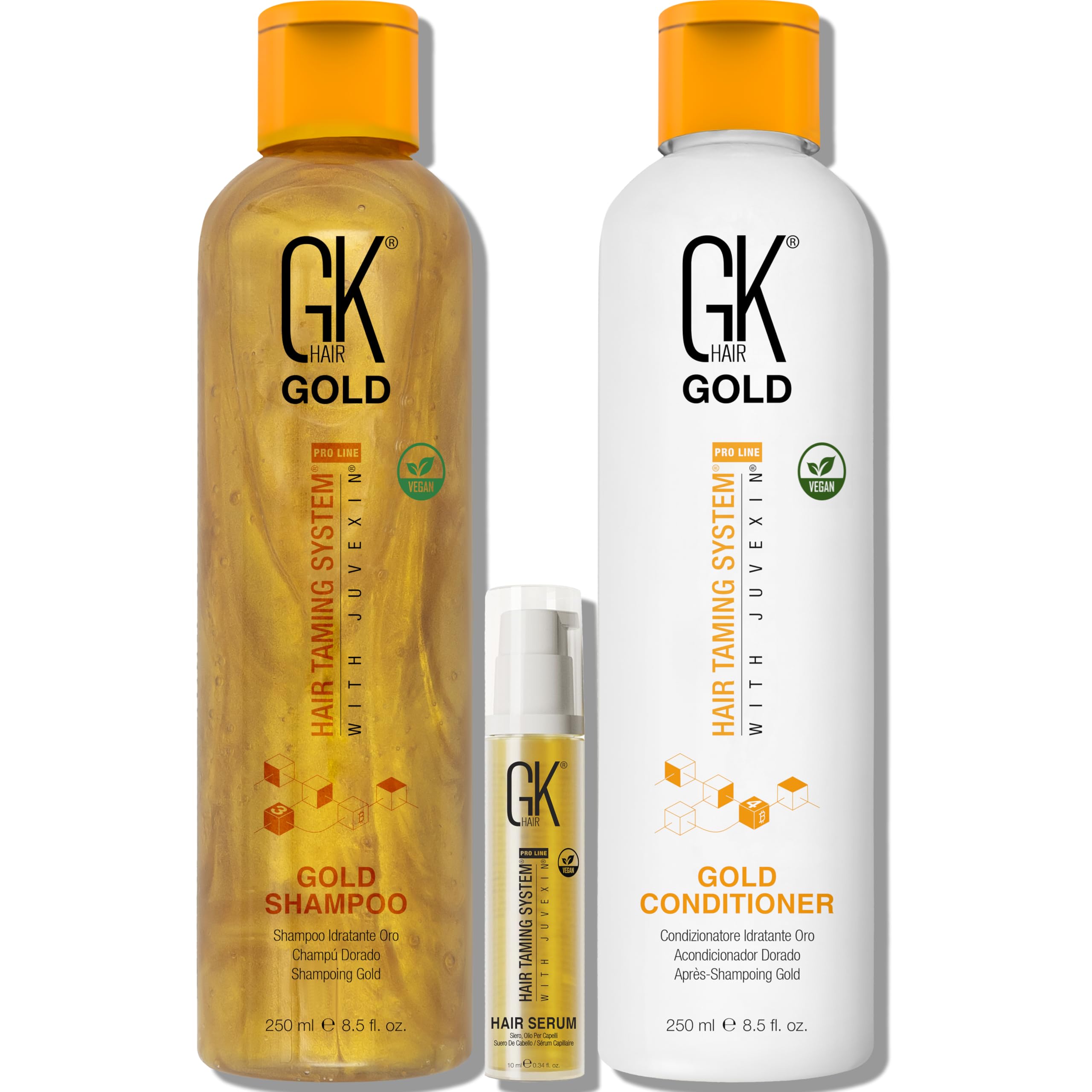 GK Hair Gold Shampoo bottle pour demonstrates moisturizing cleansing for all hair types.