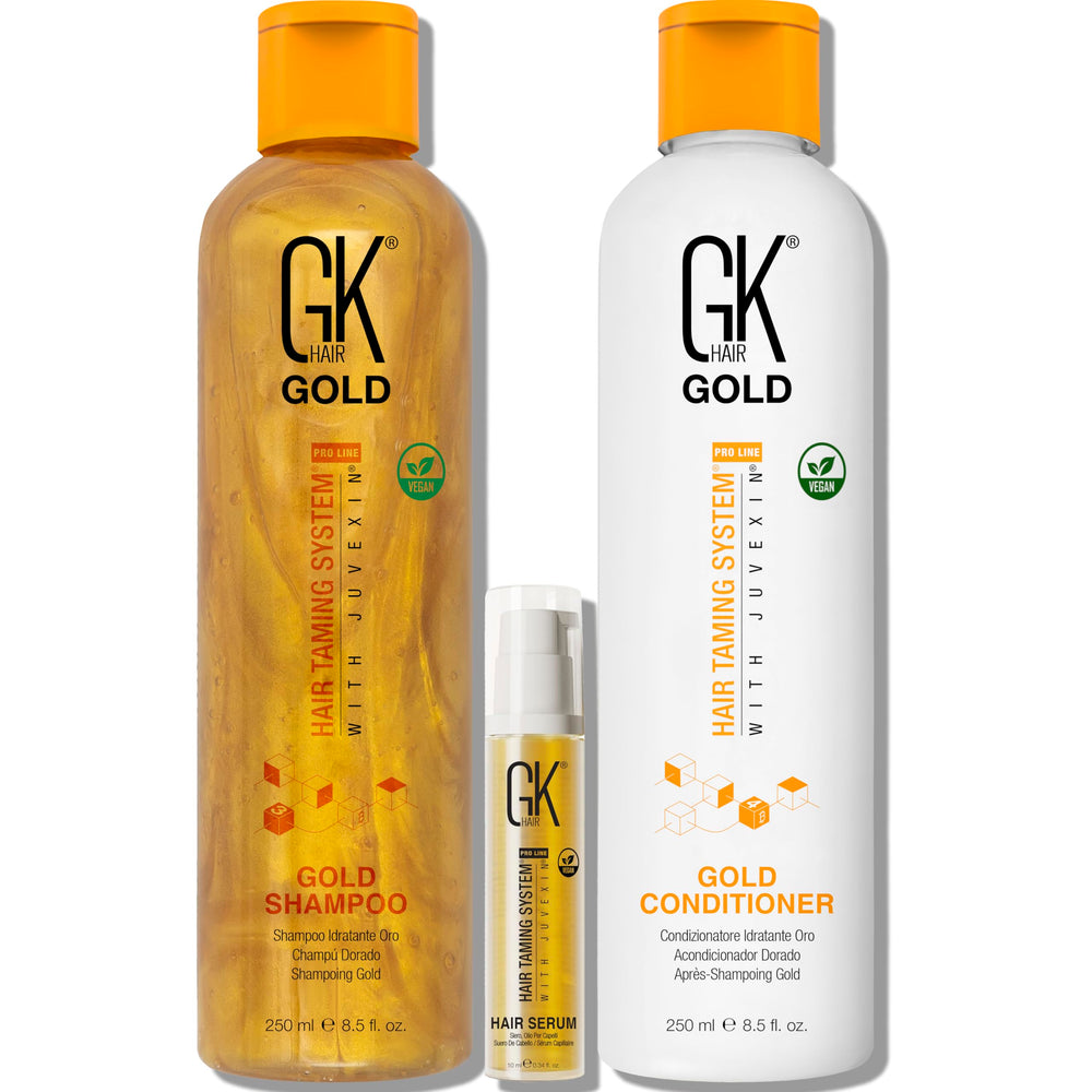 GK Hair Gold Shampoo bottle pour demonstrates moisturizing cleansing for all hair types.