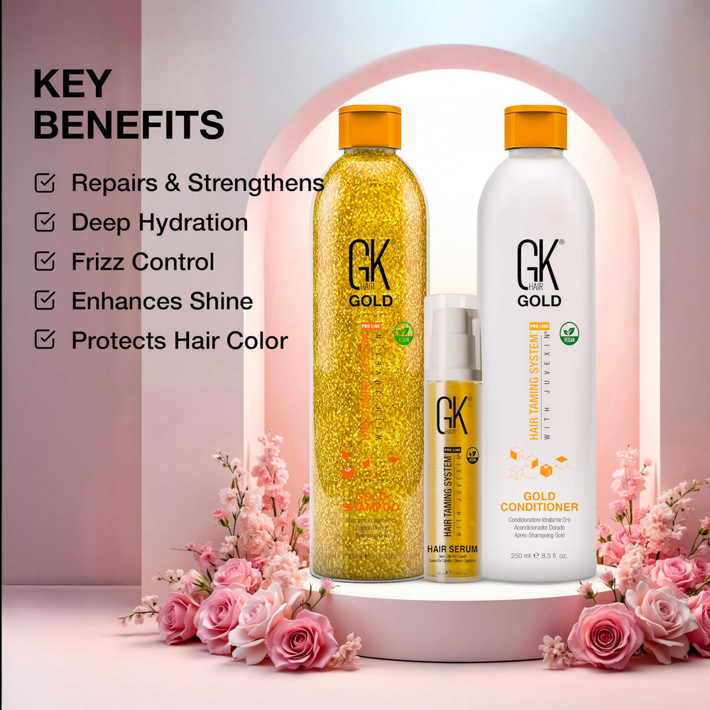 GK Hair Gold Shampoo lather motion illustrates generous cleansing with natural oils.