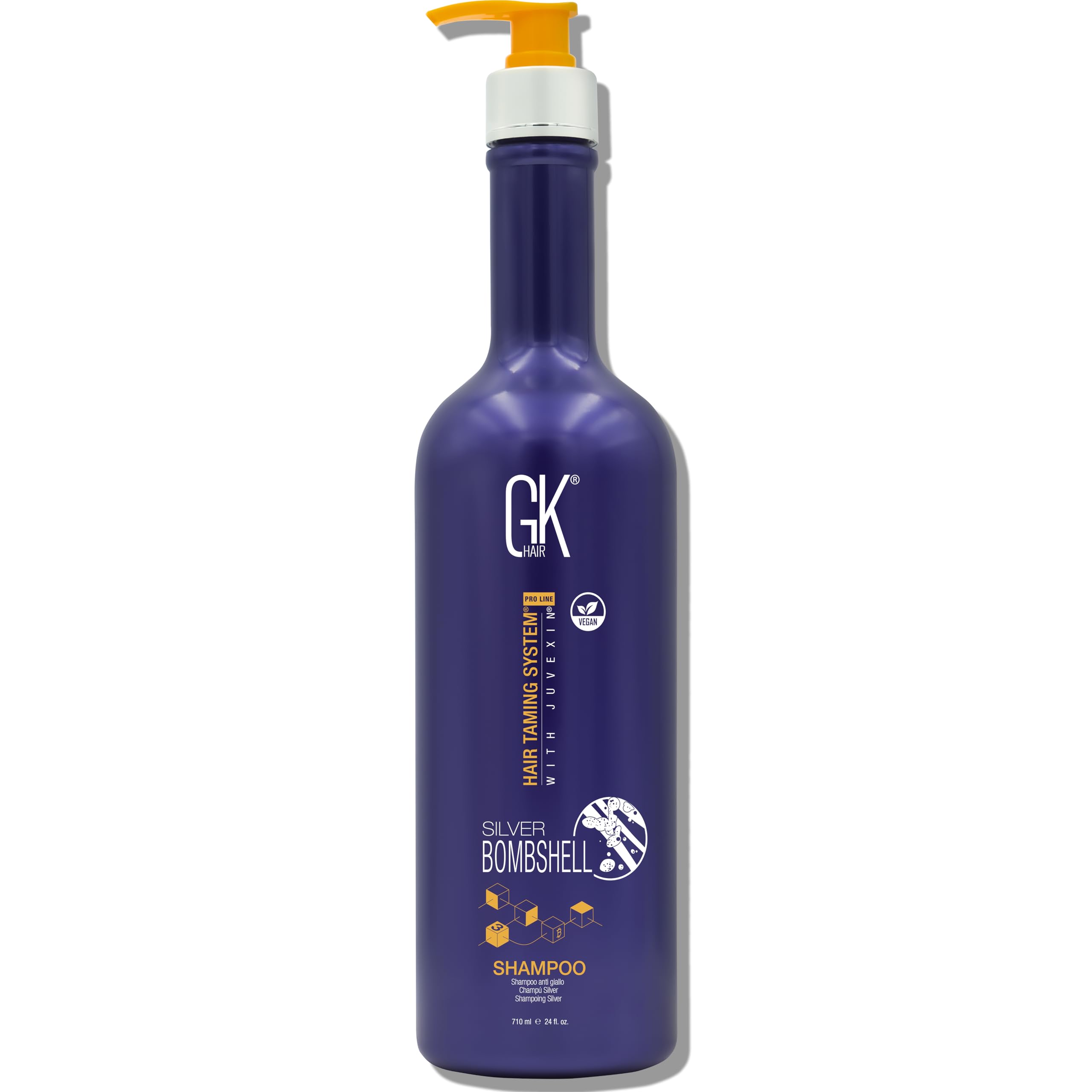GK Hair Silver Bombshell Shampoo bottle shows violet formula to neutralize brass and yellow tones