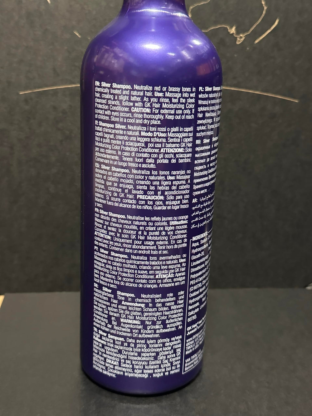GK Hair Silver Bombshell Shampoo lather refreshes and brightens blonde and gray hair