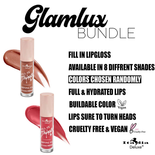 Glam Lux Italia Deluxe Plumping Gloss swatches on lips showing hydrated, fuller-looking shine.