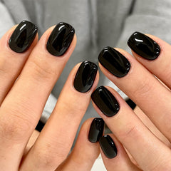 GLAMERMAID extra-short press-on nails Gothic Black closeup showing durable gel-like shine