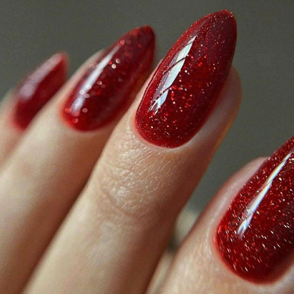 Glamermaid Golden Red press-on nails front view with glossy jelly finish for at-home salon quality