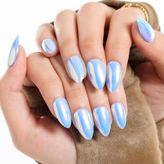 GLAMERMAID light blue mirror chrome press-on nails in almond shape for bold at-home manicure