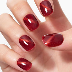 GLAMERMAID Red Cat Eyes nails, extra short length, glossy finish for chic everyday wear.