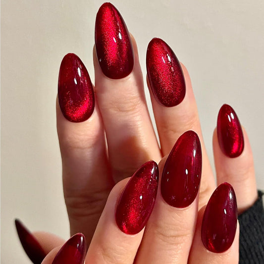 GlamerMaid red magnet cat eyes press-on nails in almond shape for bold, salon-like results.