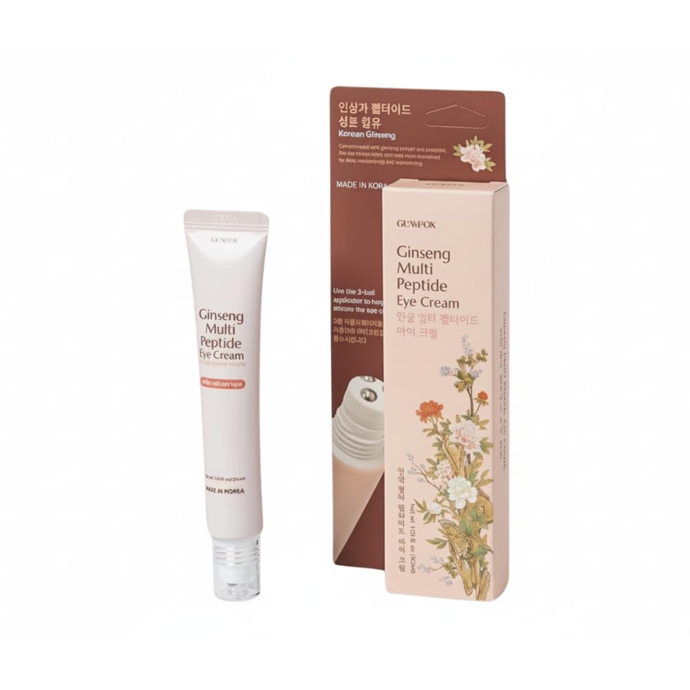 Glamfox Ginseng eye cream with roller bottle close-up and cooling applicator.