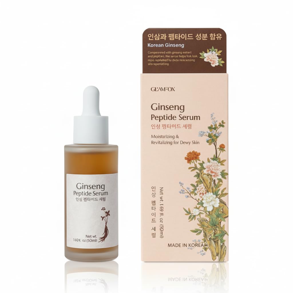 Glamfox Ginseng Peptide Serum bottle close-up highlighting premium hydration potential.
