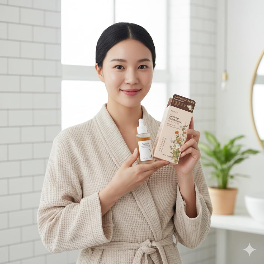 Glamfox Ginseng Peptide Serum dropper in use for precise application and dewy skin nourishment.
