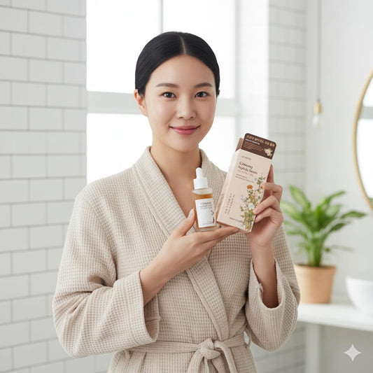 Glamfox Ginseng Peptide Serum dropper in use for precise application and dewy skin nourishment.