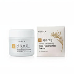 Glamfox Rice Niacinamide Cream packaging in a luxurious jar for deep hydration.