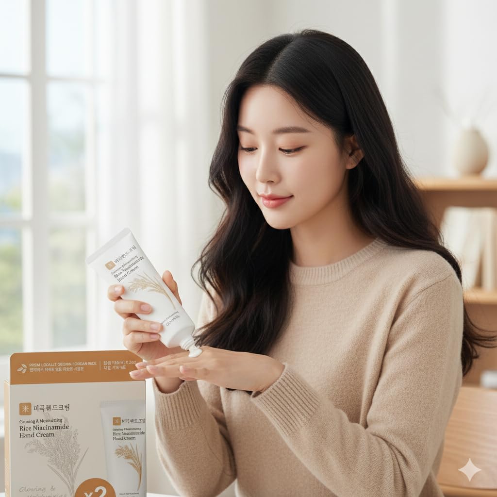 Glamfox Rice Niacinamide Hand Cream on hands for quick absorption and comfort.