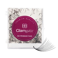 Glamgaze 500 promade fans packaging shows compact set for fast volume lash creation