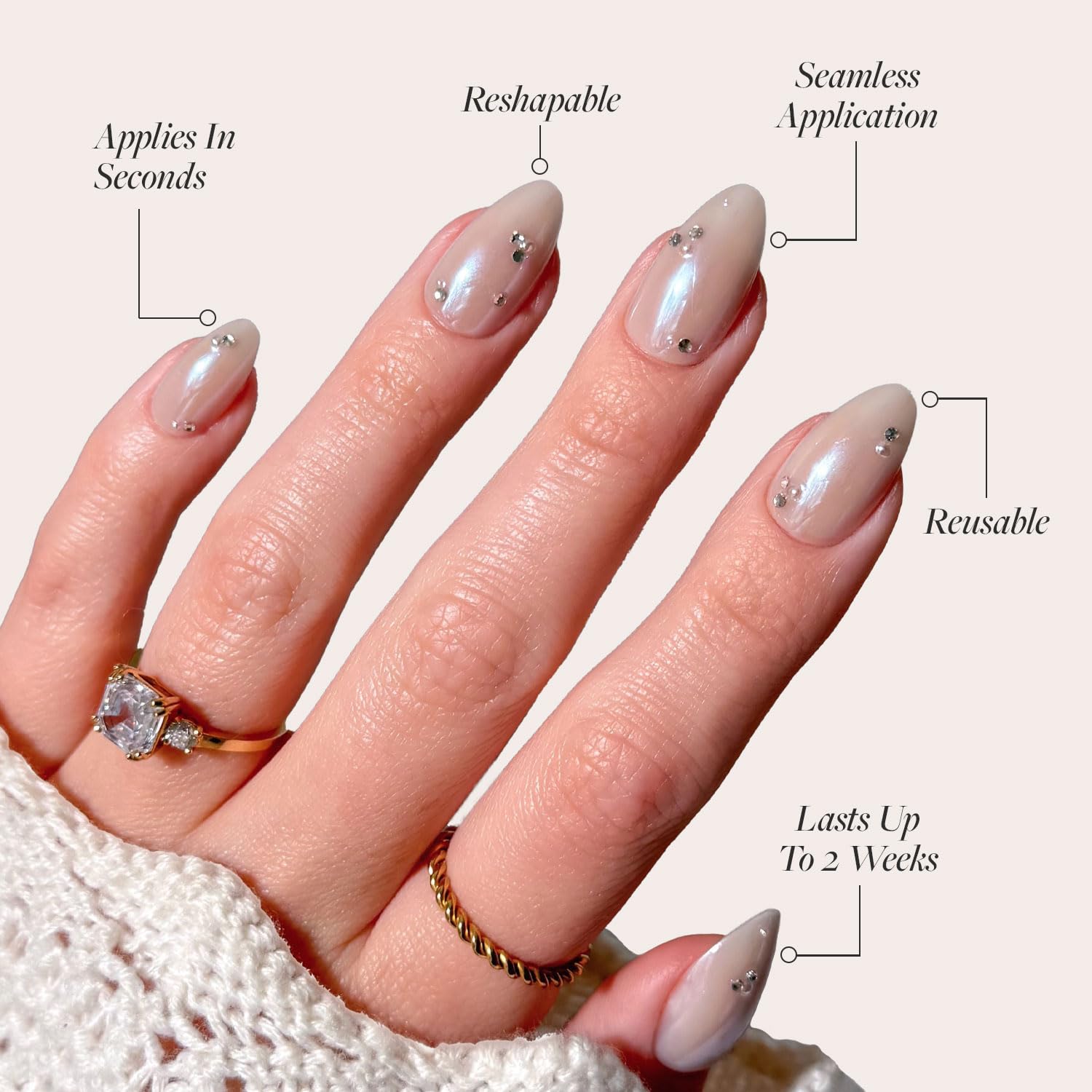 Glamnetic nails with 3D pearls and gems for subtle sparkle