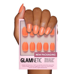 Glamnetic Apricot nails in the storage box offer a customizable 12-size kit for a precise fit.