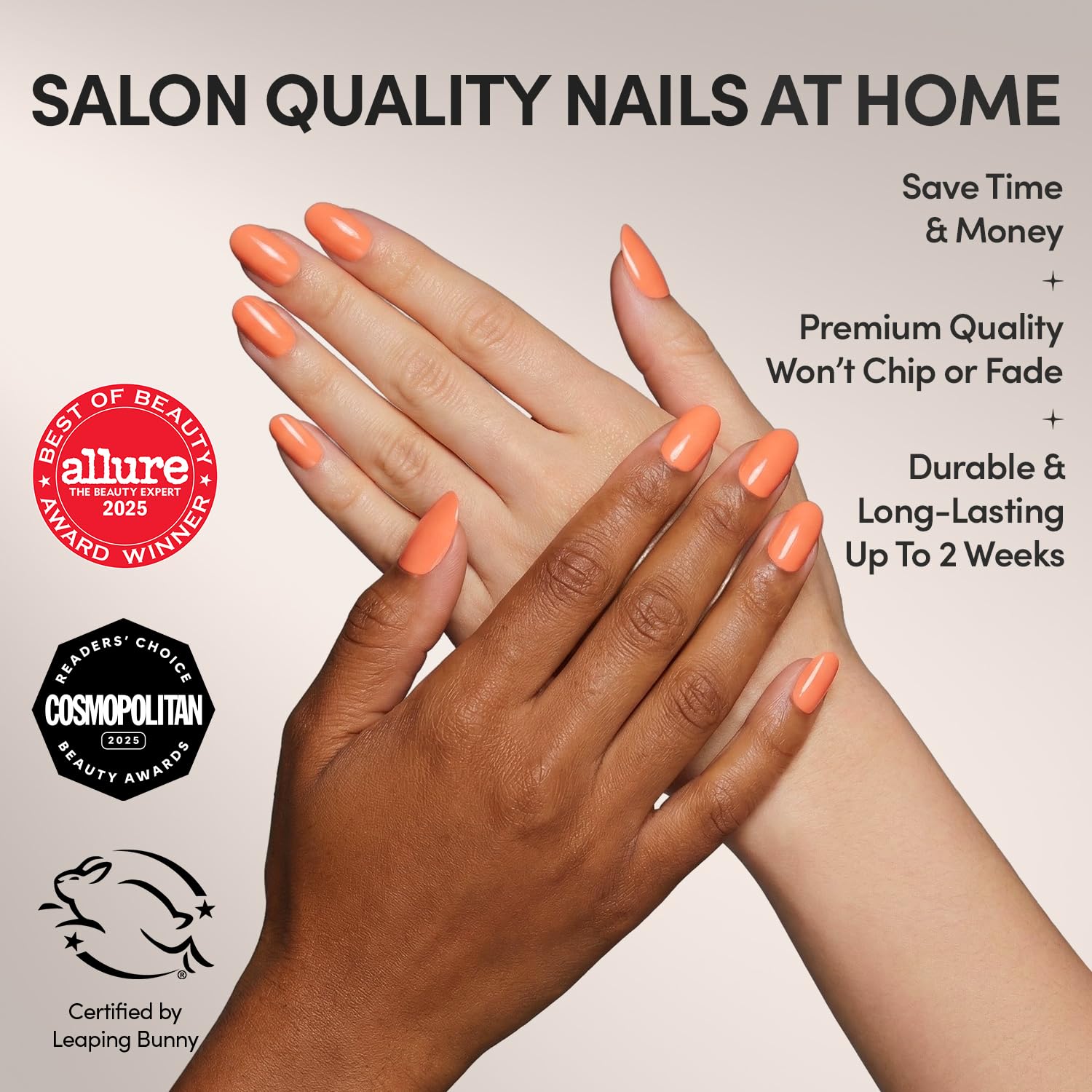 Glamnetic Apricot nails on a hand display glossy orange finish for a polished look.