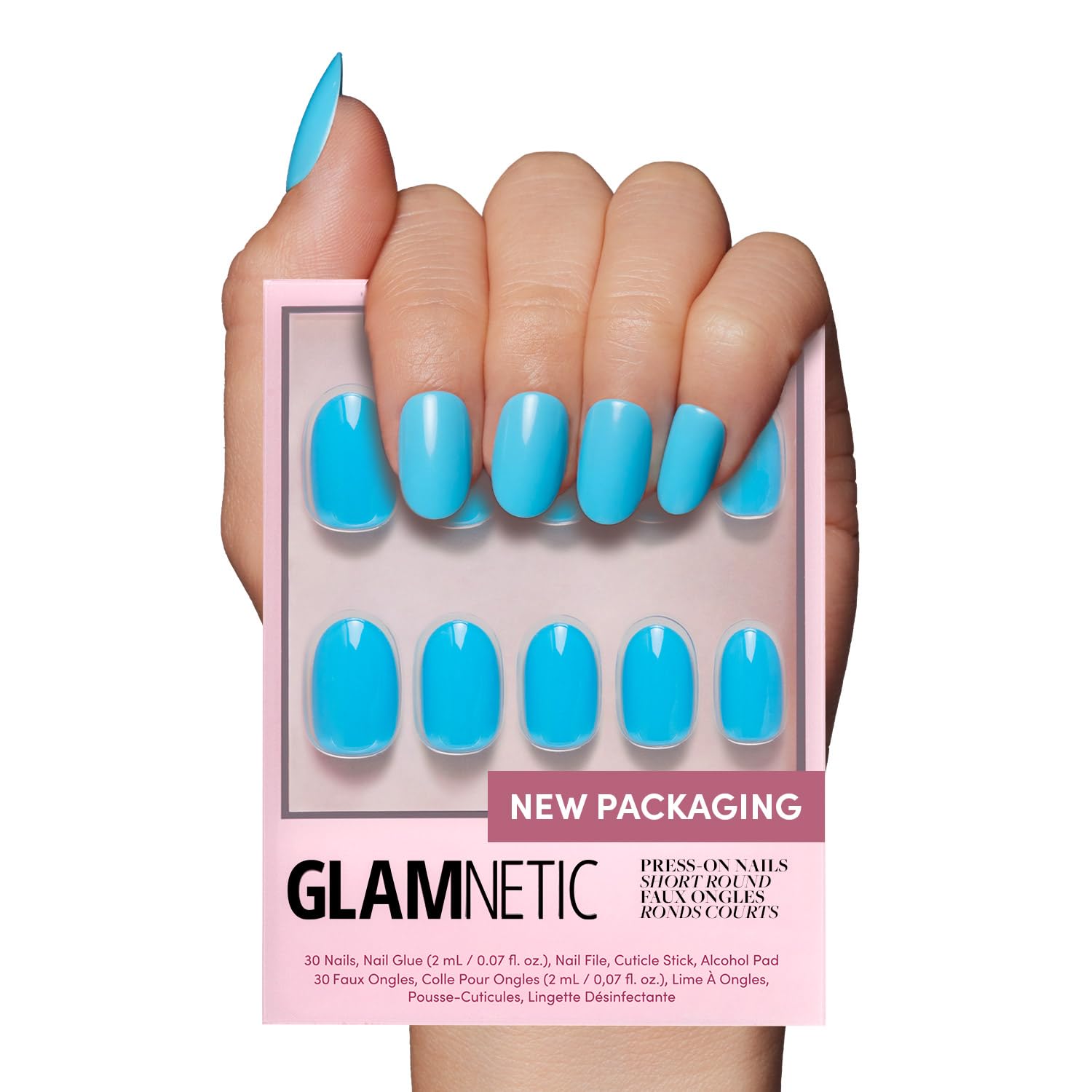 Glamnetic Azure Blue nails front view with opaque color and gloss.