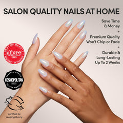 Glamnetic Entranced semi-transparent white nails with holographic glow for subtle elegance.