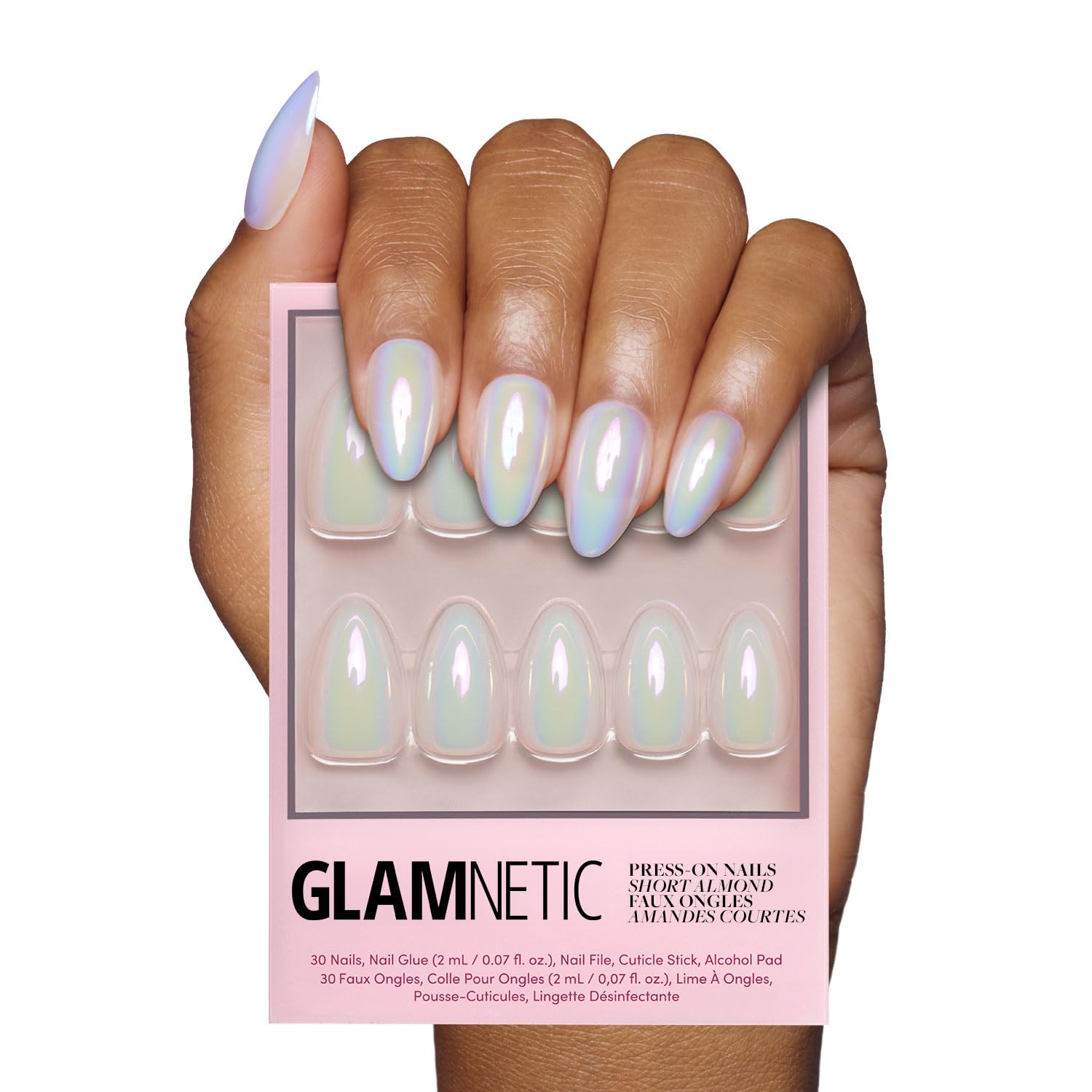 Glamnetic Entranced short almond holographic nails with white shimmer for versatile wear.
