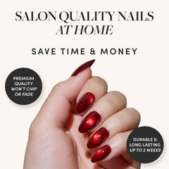 Glamnetic Frosted Cranberry nails on hand showcasing deep red glamour