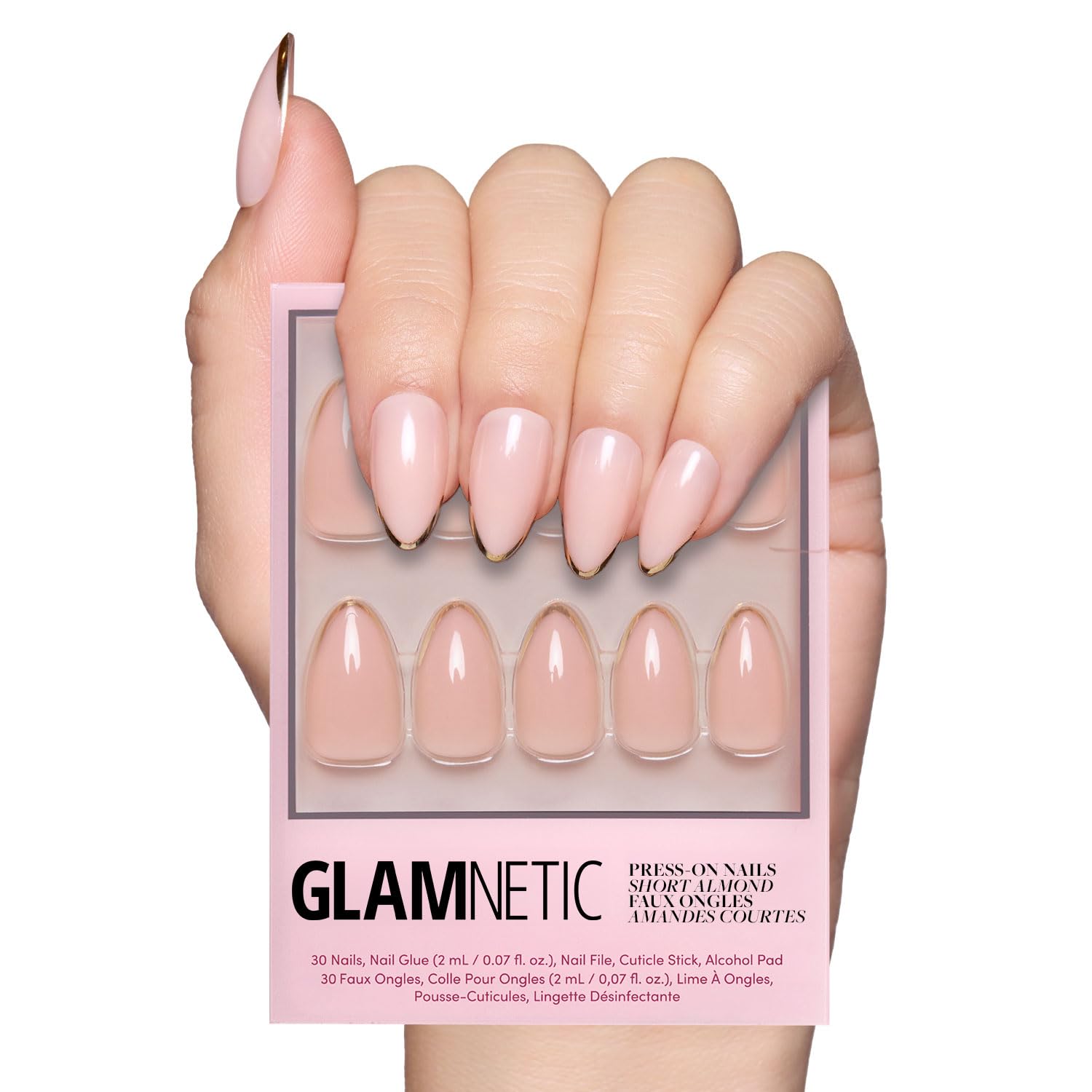 Glamnetic Gold Standard nails close-up with a glossy gold tip for luxe party look