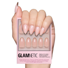 Glamnetic Gold Standard nails close-up with a glossy gold tip for luxe party look