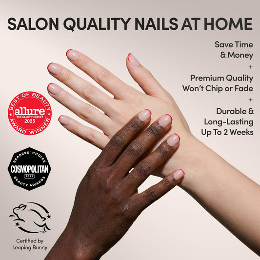 Glamnetic Hotline Red semi-transparent base nails create a chic, versatile Valentine look.
