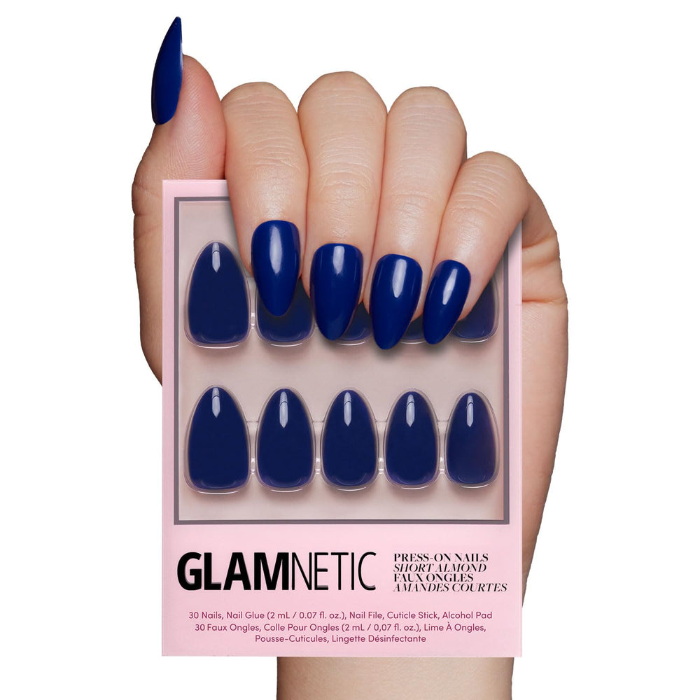 Glamnetic Midnight Blue nails in box ready for at-home manicure