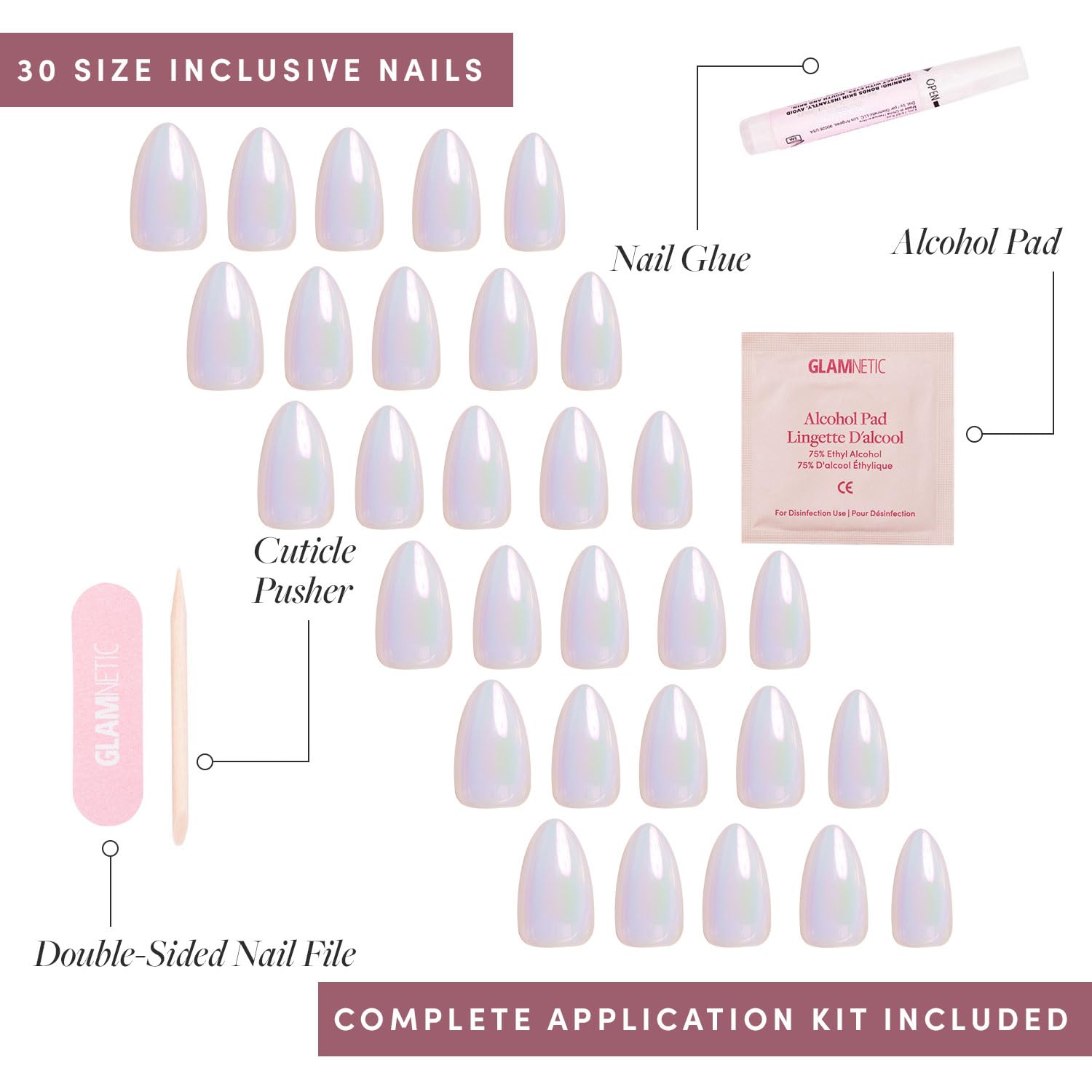Glamnetic nail glue and tools included for easy at-home application.