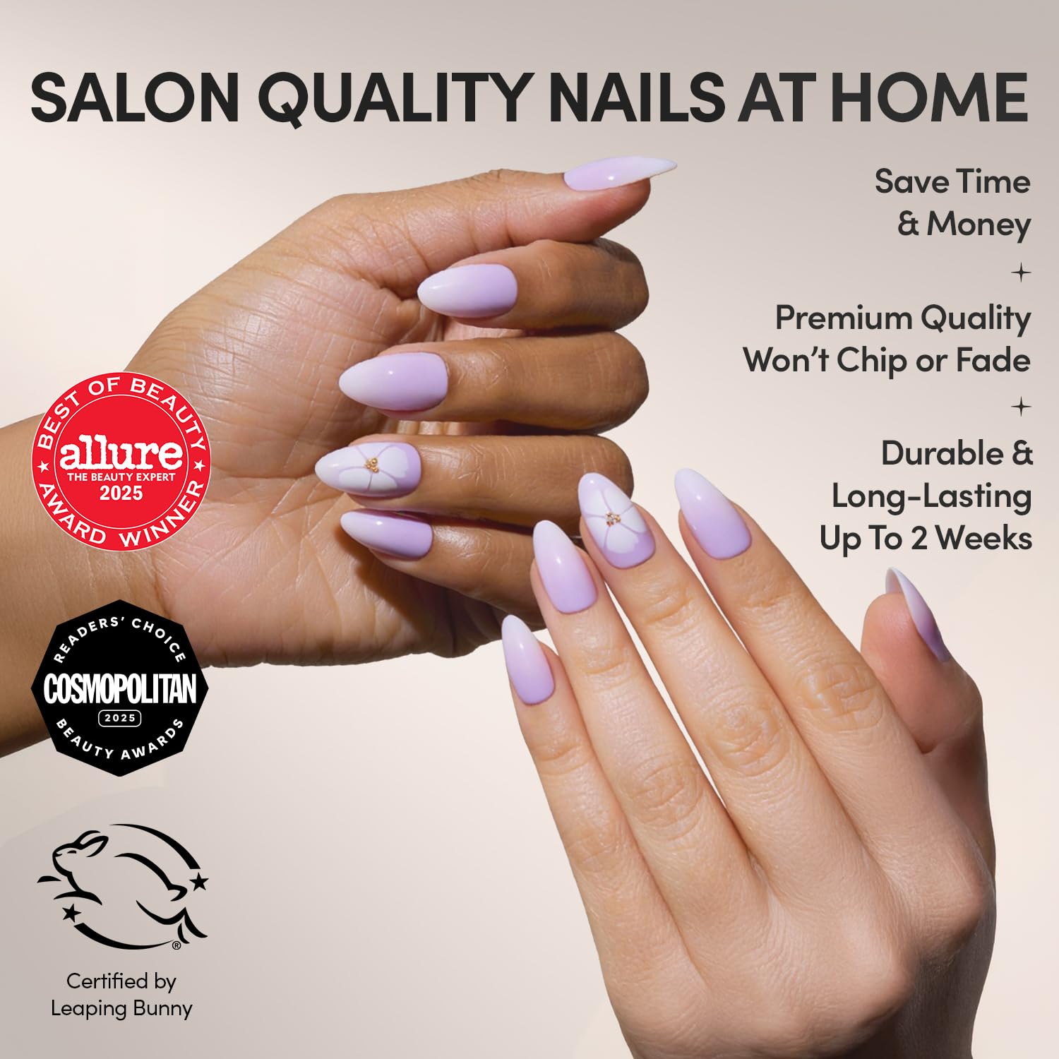Glamnetic press-on kit contents including glue, file and tips for easy at-home manicure