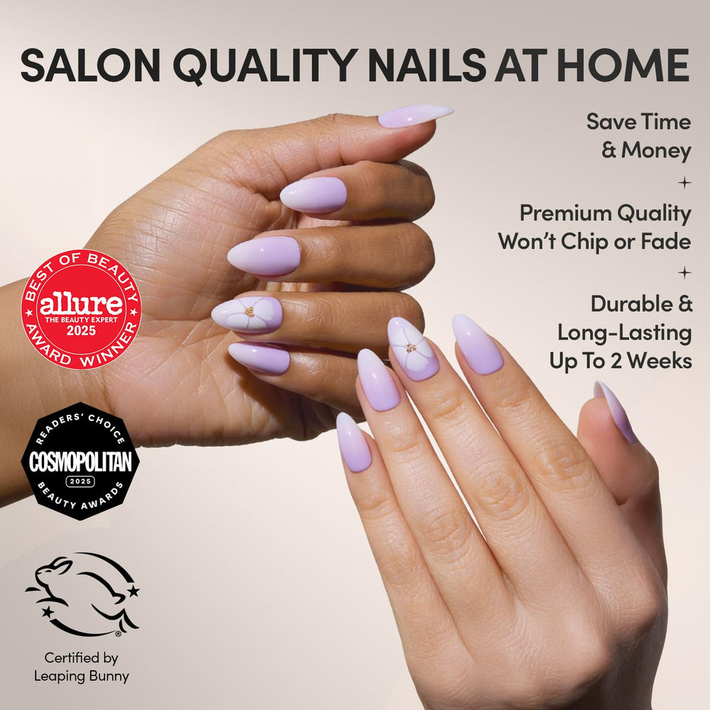 Glamnetic press-on kit contents including glue, file and tips for easy at-home manicure