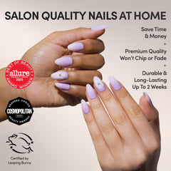 Glamnetic press-on kit contents including glue, file and tips for easy at-home manicure