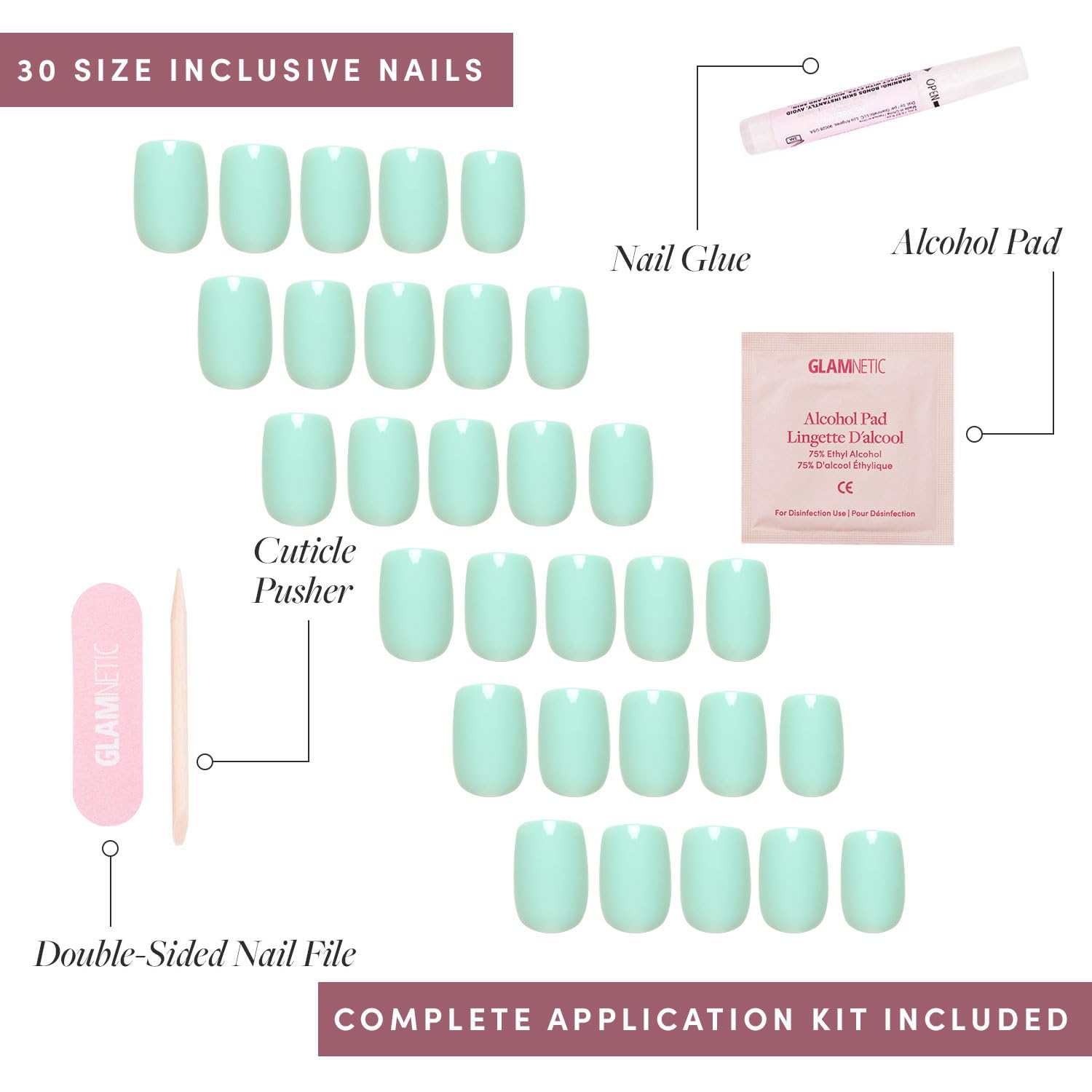 Glamnetic 30-nail kit showing variety and complete at-home manicure setup.