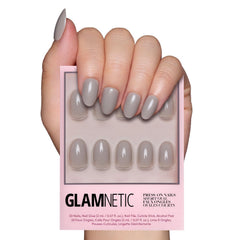 Glamnetic Pure Gray nails in a short oval shape for chic, low-maintenance style.