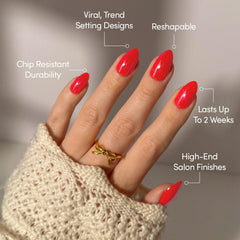 Glamnetic Red Flag nails with bright red hue ideal for date night looks.
