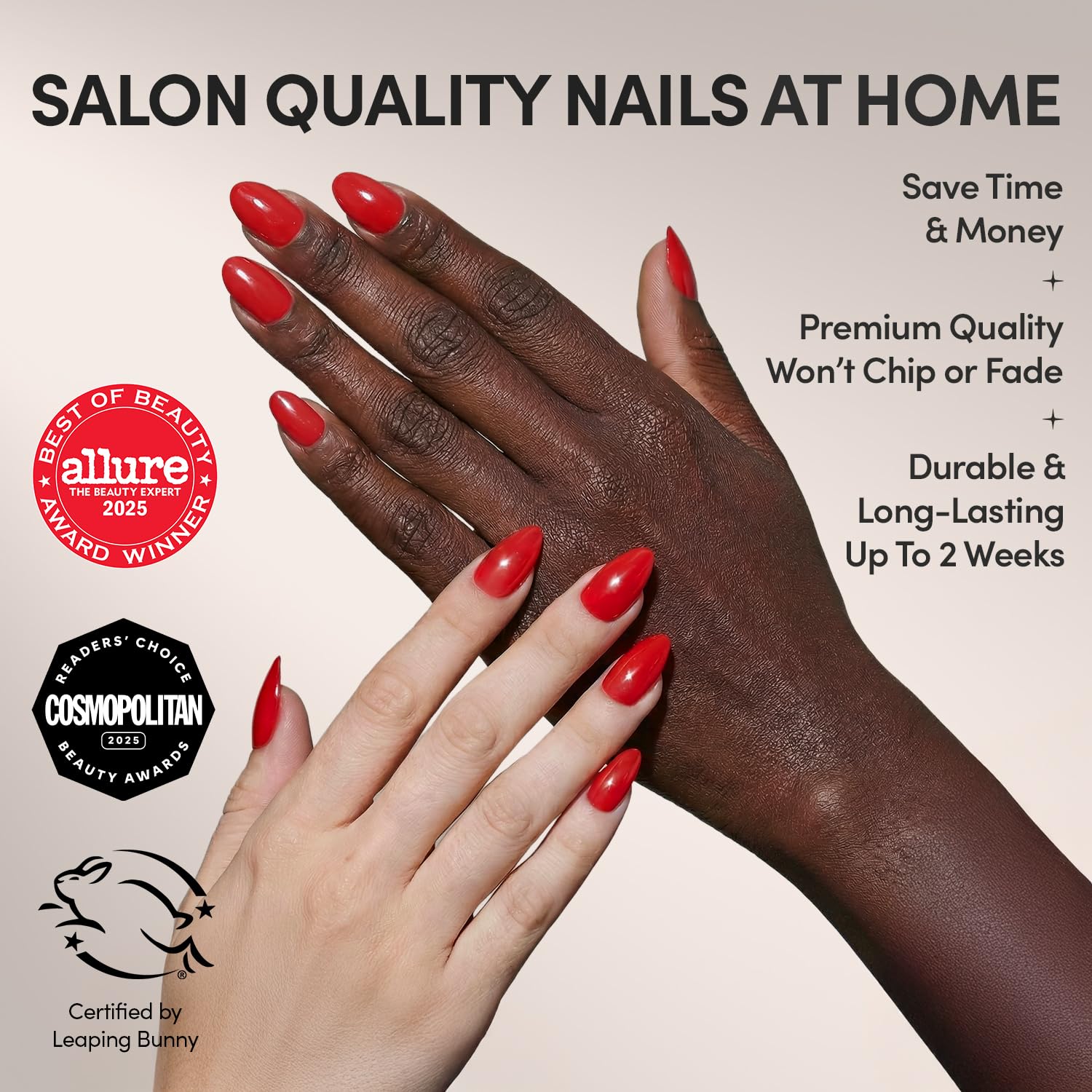 Glamnetic Red Flag short almond nails for chic, comfortable everyday wear.