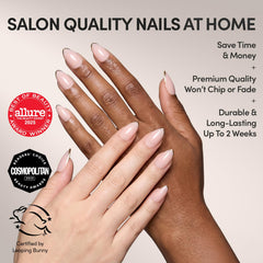Glamnetic semi-transparent base with gold French tips for subtle glamour