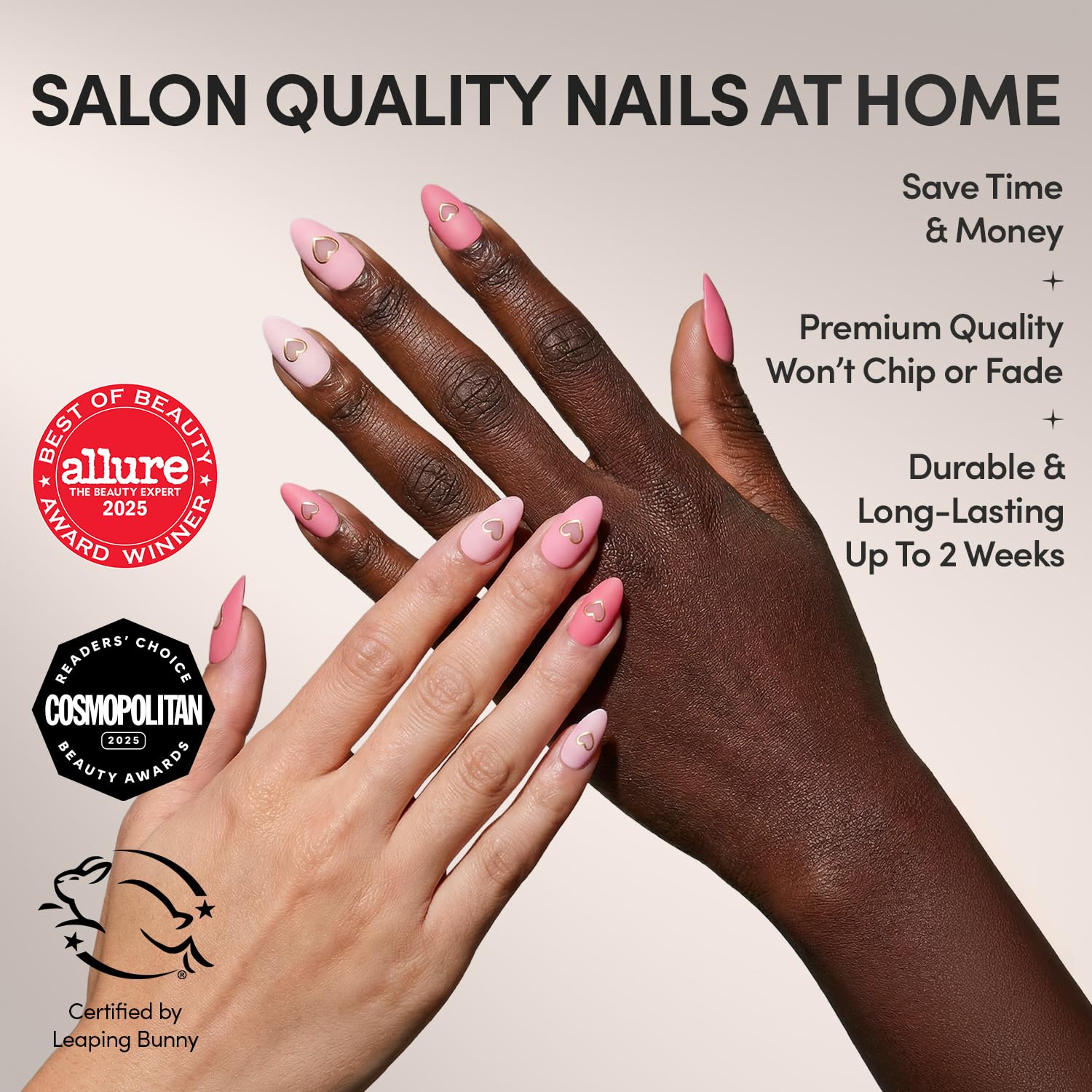 Glamnetic short almond nails in soft pinks for easy, everyday elegance