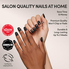Glamnetic short squoval nails in velvet-dark finish for chic, comfortable wear.