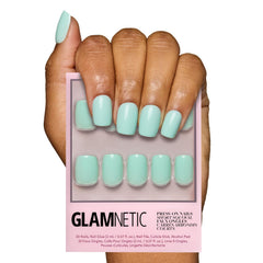 Glamnetic soft teal nails with glossy finish for an instant salon look.