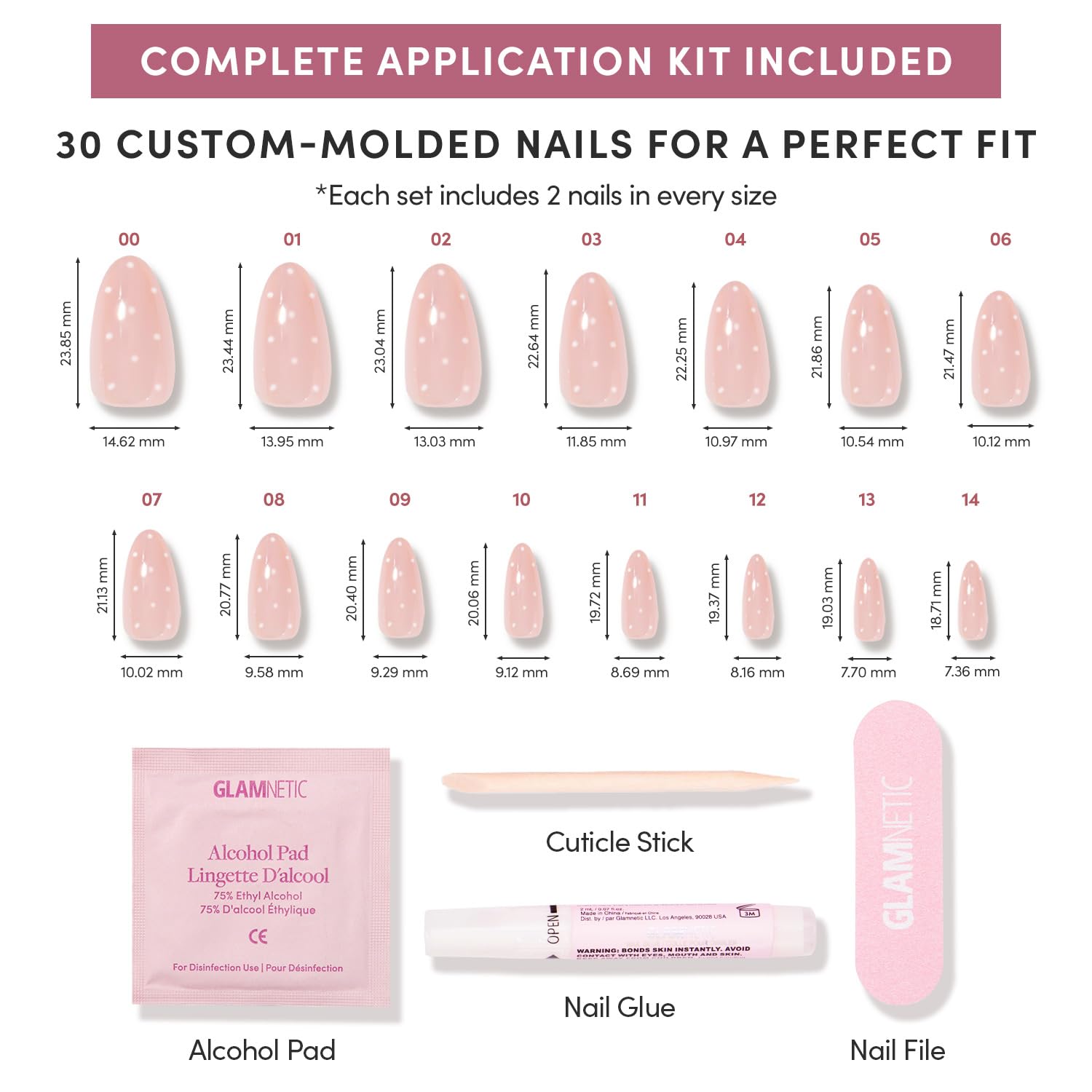 Glamnetic Sugar Glazed nails with white polka dots for playful detail.