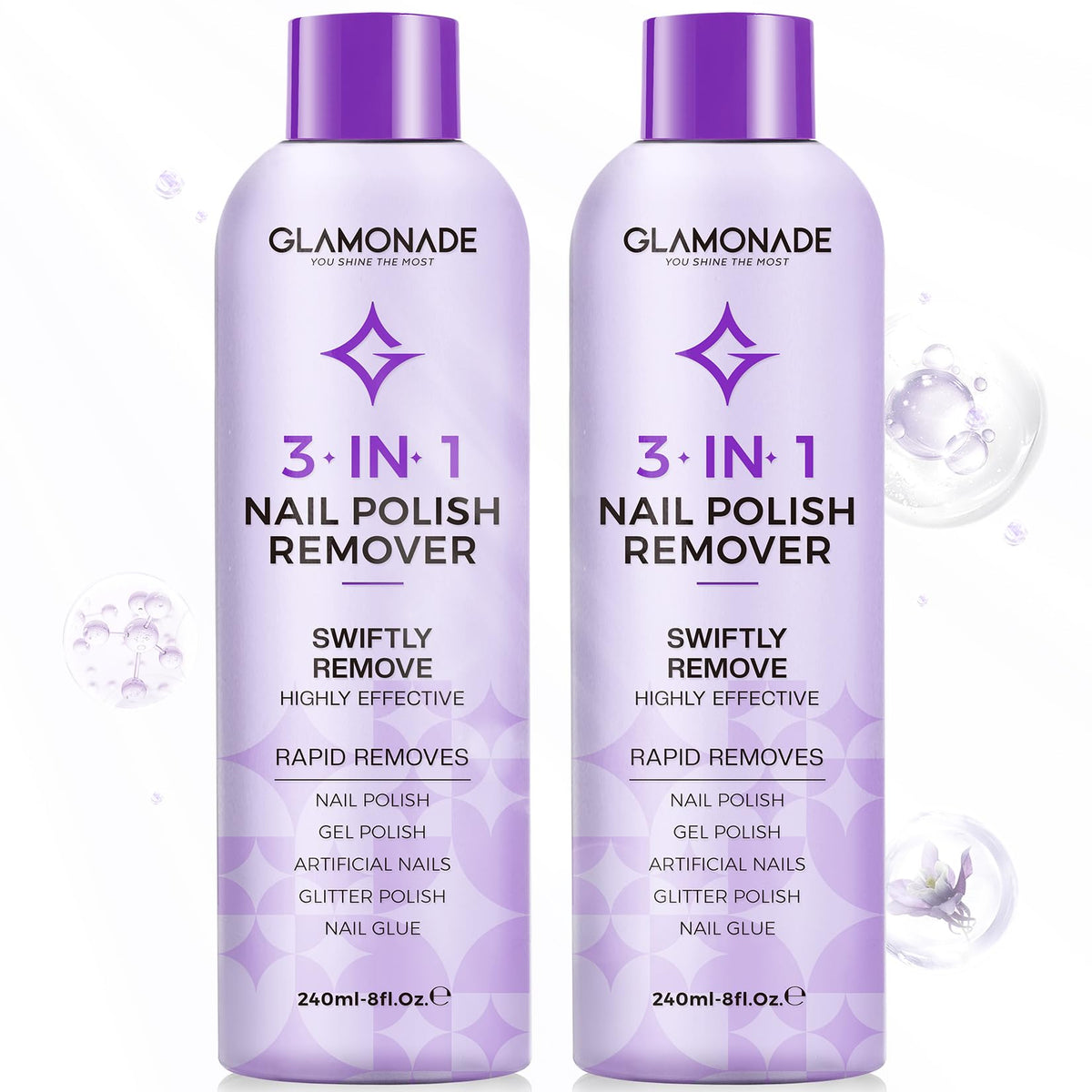 Glamonade acetone remover bottle close-up for fast gel polish removal