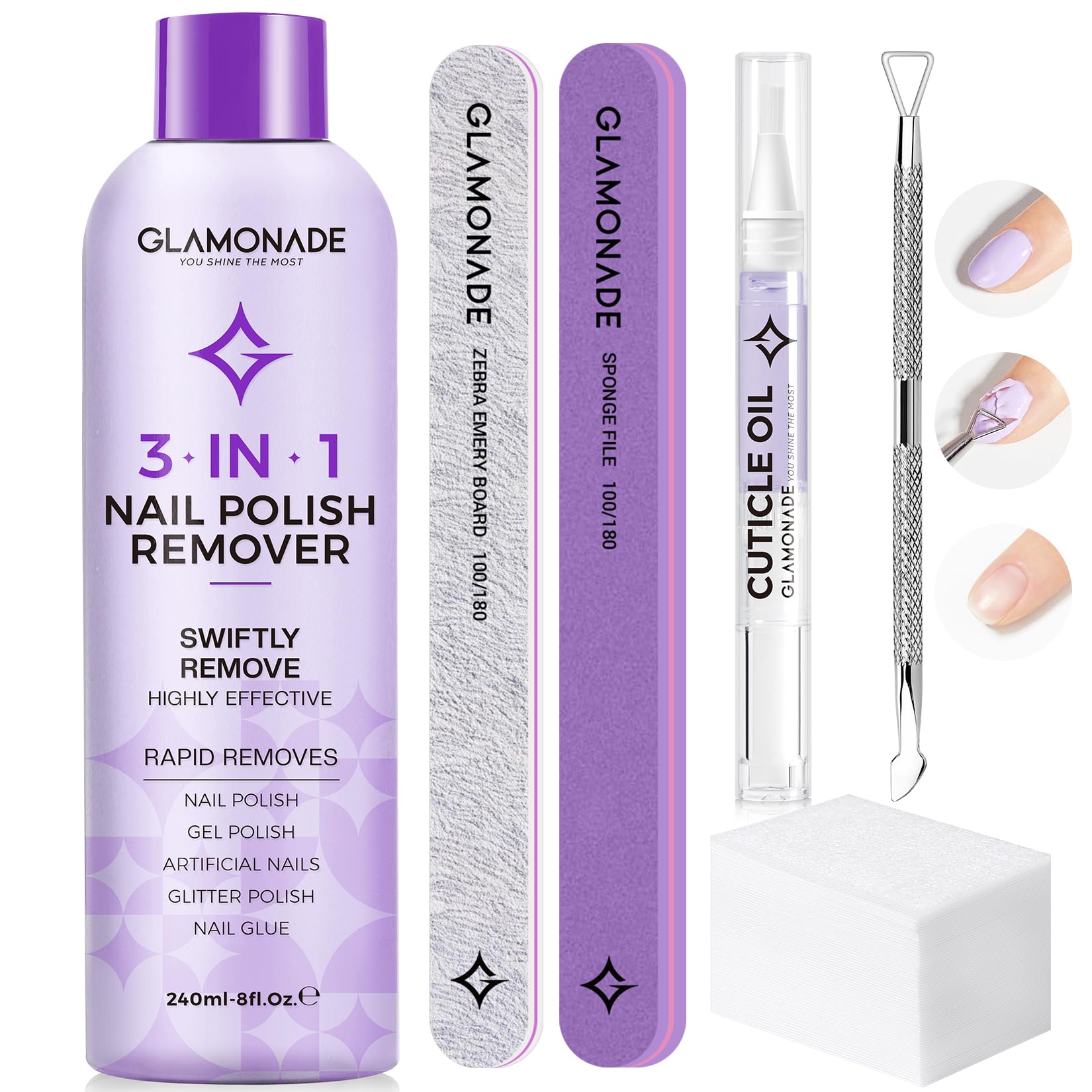 Glamonade acetone remover kit bottle and pads for gel polish removal.