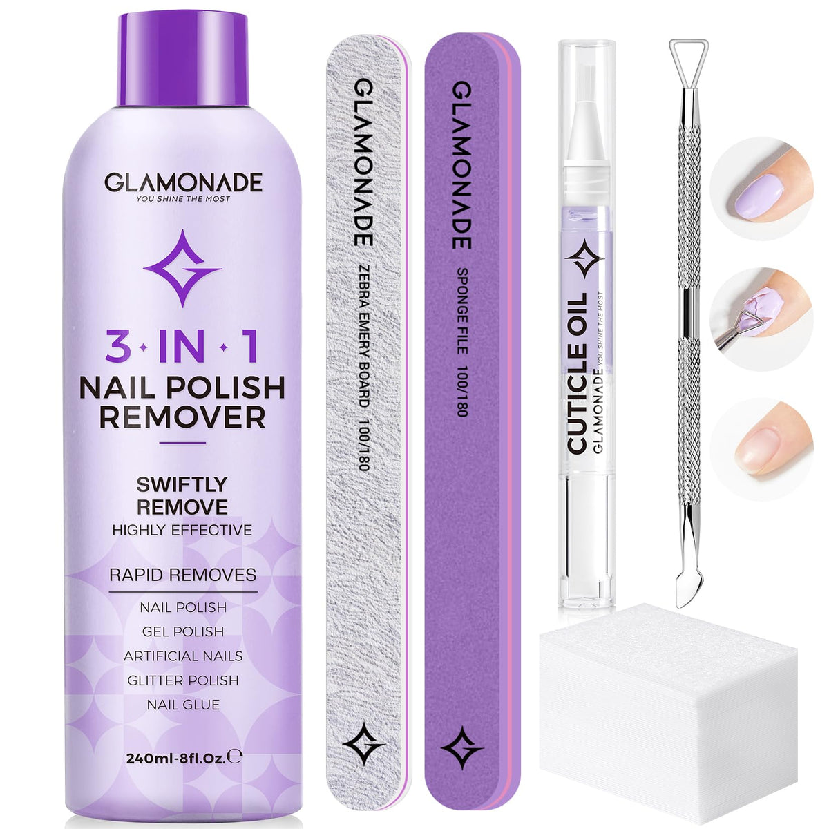 Glamonade acetone remover kit bottle and pads for gel polish removal.