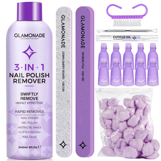 Glamonade acetone remover kit bottle demonstrates rapid gel polish removal and nourishment.
