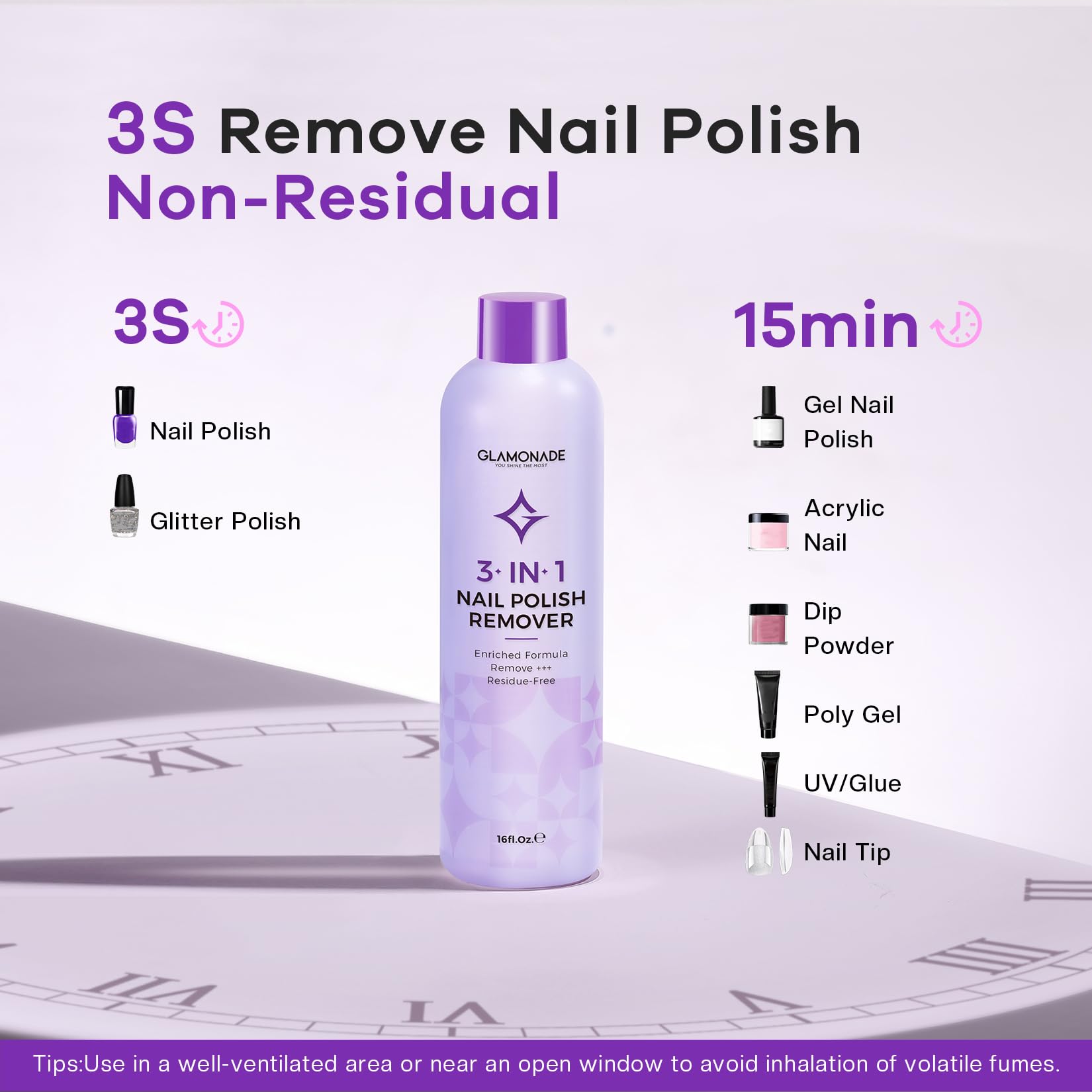 Glamonade bottle pour close-up highlights clean, residue-free polish removal.