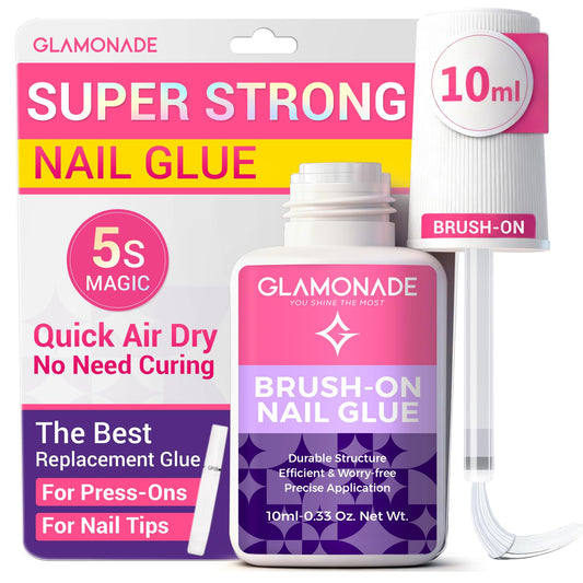 Glamonade bottle with brush enables precise, mess-free nail glue application.
