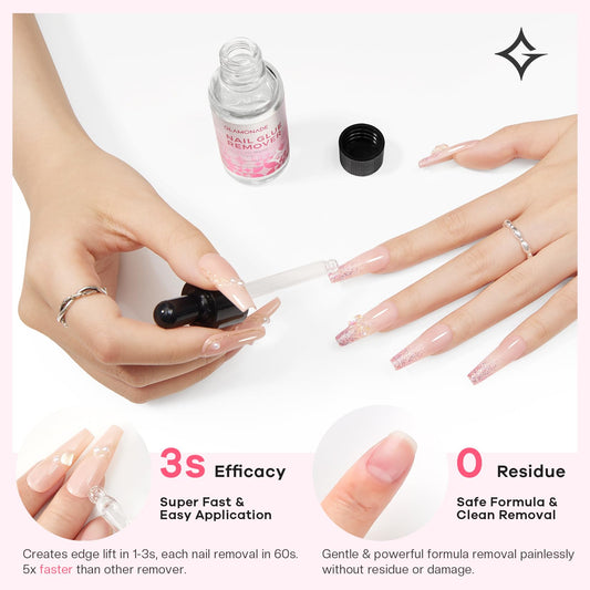 Glamonade nail glue remover dissolves adhesive quickly for smooth removal.